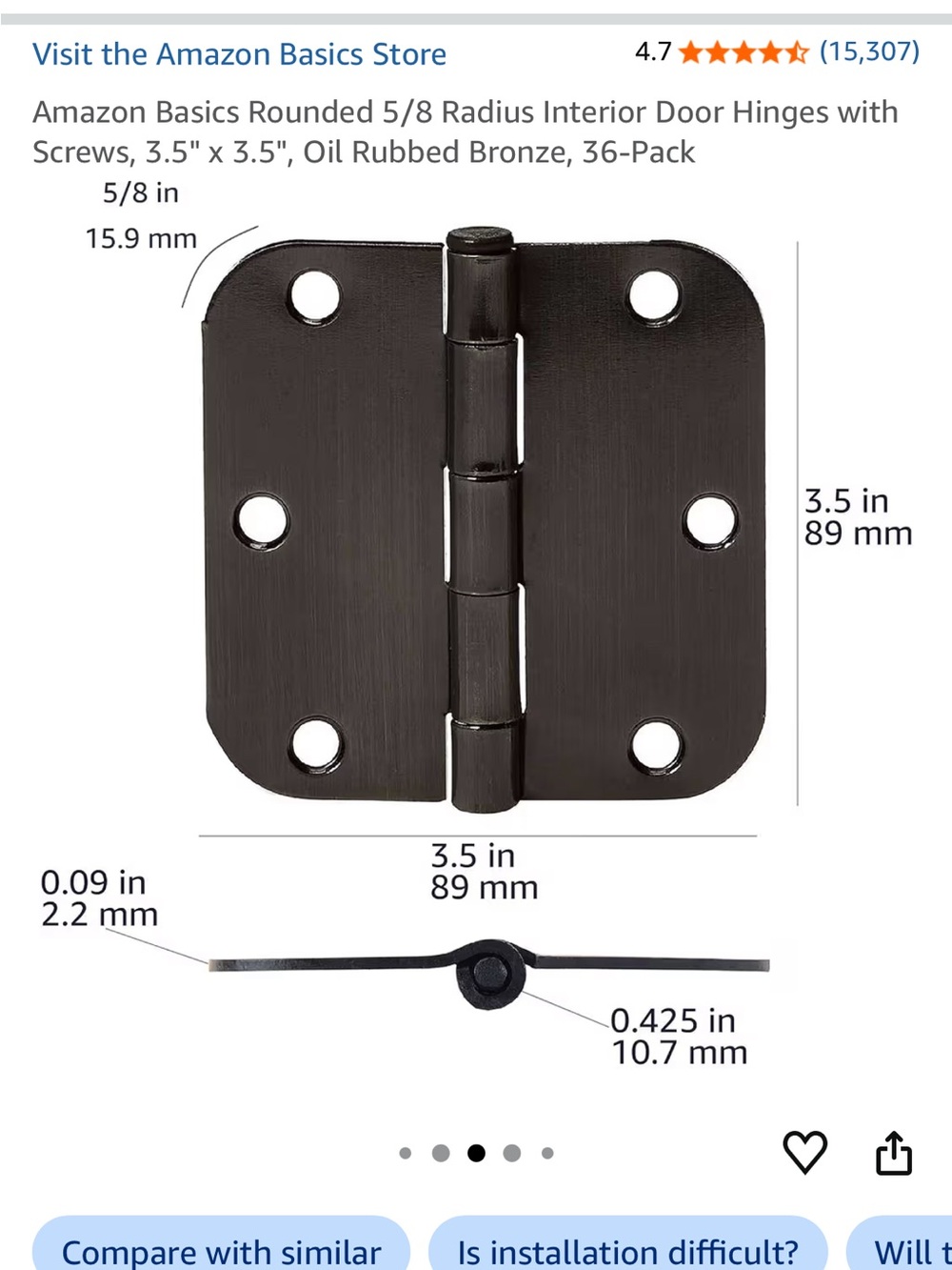 Amazon Basics Oil Rubbed Bronze Interior Door Hinge - 3.5" 18 pack